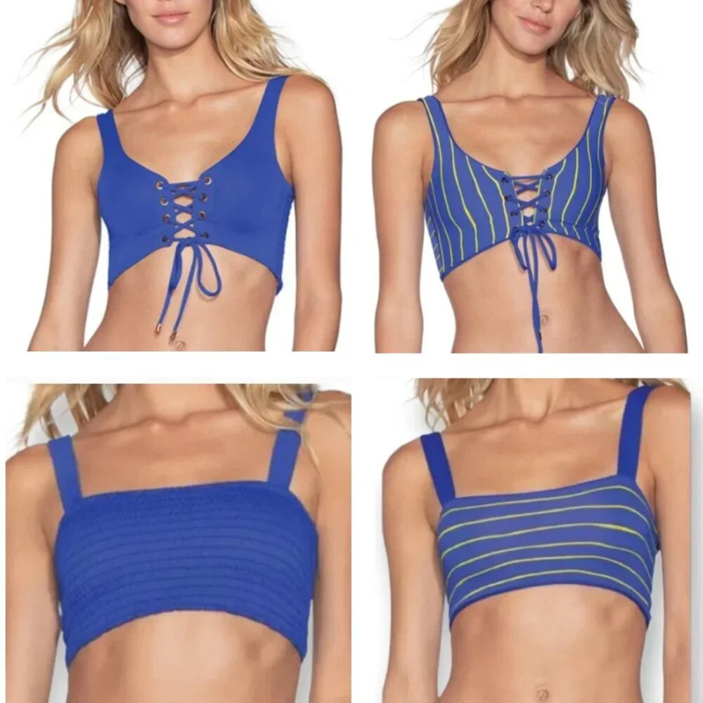 Maaji Royal Blue Reversible Lace-Up & Striped Bikini Top